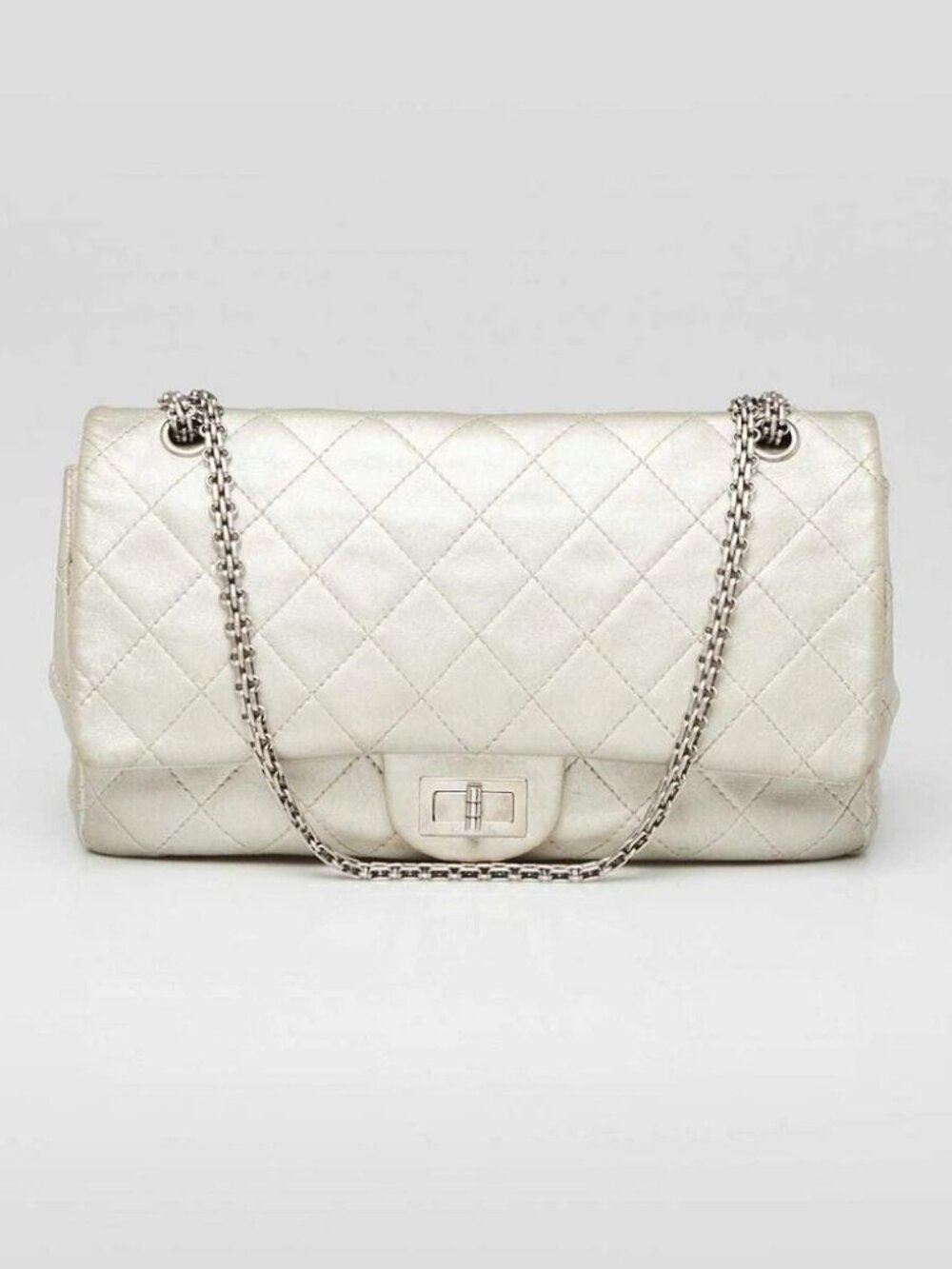 Chanel Silver 2.55 Reissue Quilted Lambskin Leather 227 Jumbo Flap Bag